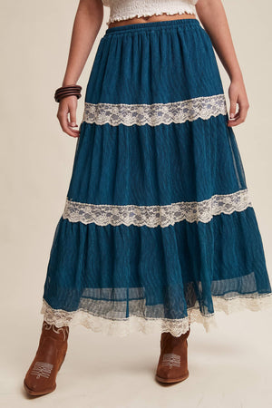 Fall for Me Tiered Lace-Trim Maxi Skirt