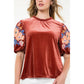 Velvet Embroidered Detail Puff Sleeve Top
