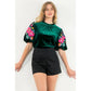 Velvet Embroidered Detail Puff Sleeve Top