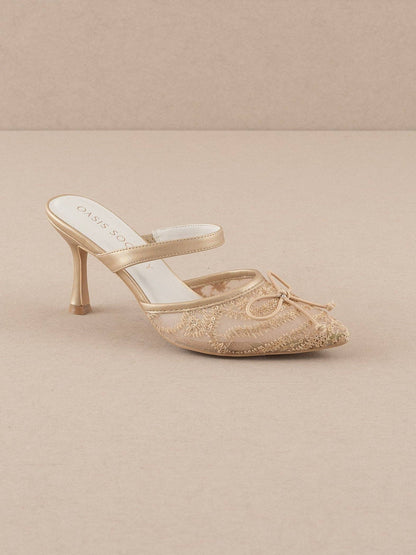 The Katie | Gold Lace Pointed Toe Mid Heel Mule