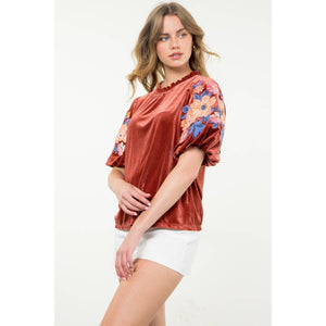 Velvet Embroidered Detail Puff Sleeve Top
