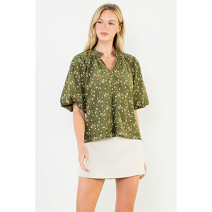 Puff Sleeve Corduroy Flower Top