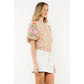 Flower Embroidered Puff Sleeve Print Top