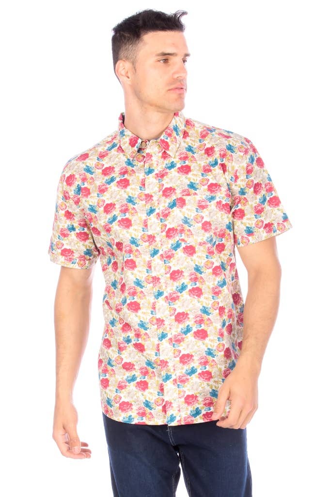 Men's Printed Woven Floral Rose Short Sleeve Cotton Shirt