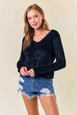 Soft Fuzzy Knit V- Neck Long Sleeve Cropped Top