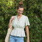 BUTTON-DOWN COTTON EYELET BLOUSE WITH SMOCKED BACK