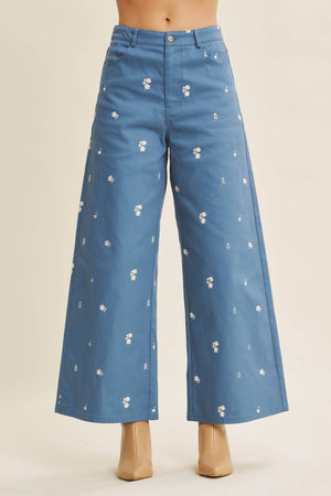 Embroidered Cotton Wide Leg Pants