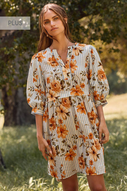 PLUS Striped Floral Printed Dress