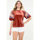 Velvet Embroidered Detail Puff Sleeve Top
