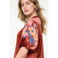 Velvet Embroidered Detail Puff Sleeve Top