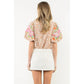 Flower Embroidered Puff Sleeve Print Top
