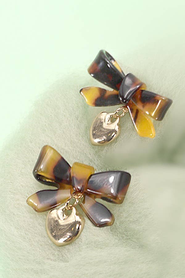 Tortoise Bow Heart Drop Earrings