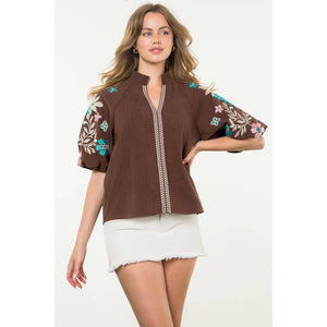 Embroidered Puff Sleeve Corduroy Top