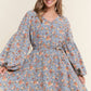 Floral Print Balloon Sleeve Denim Dress