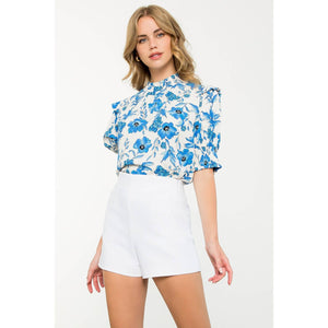 Flower Print Smocked Sleeve Peplum Top