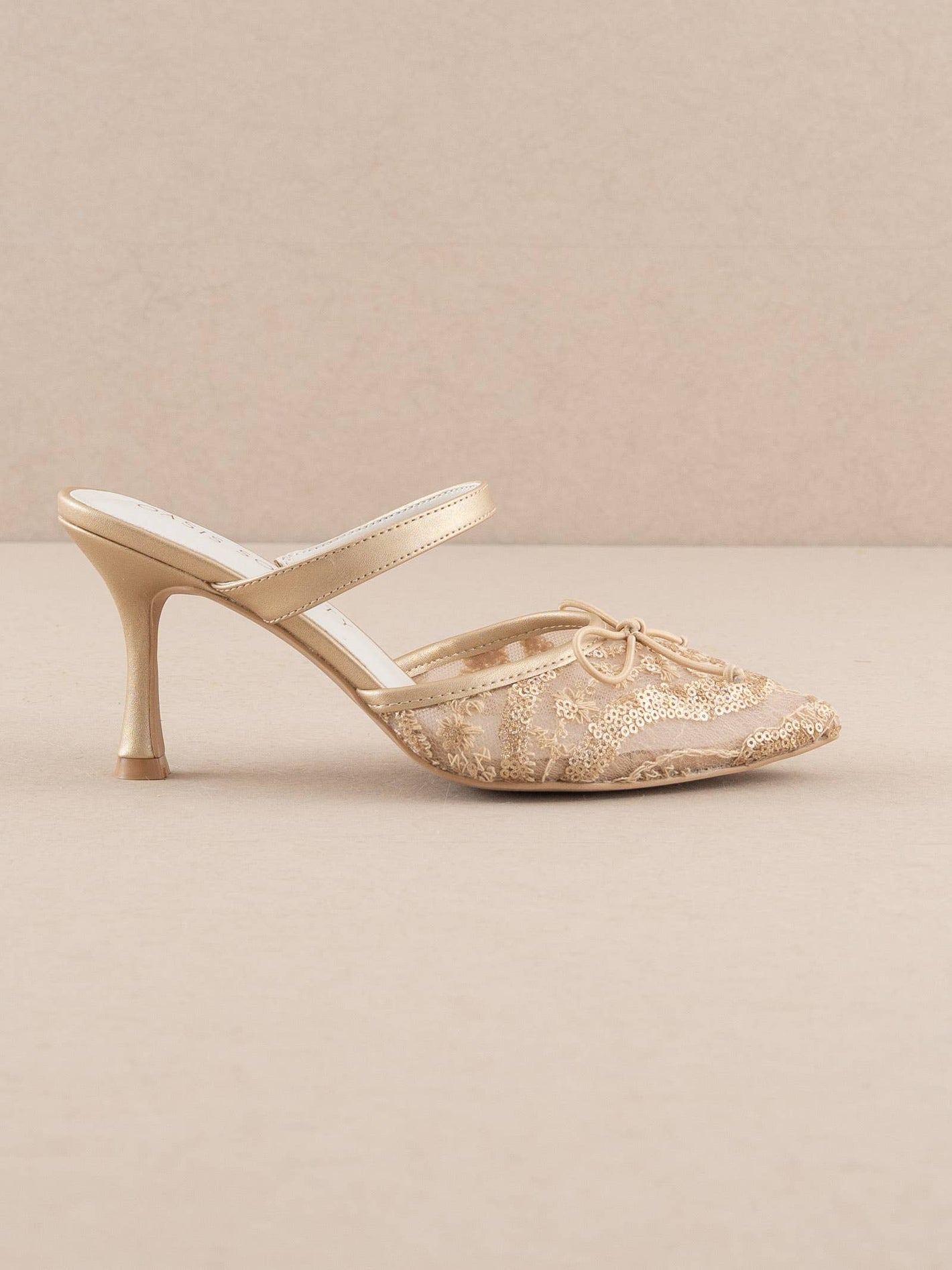 The Katie | Gold Lace Pointed Toe Mid Heel Mule