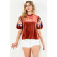 Velvet Embroidered Detail Puff Sleeve Top