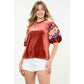 Velvet Embroidered Detail Puff Sleeve Top