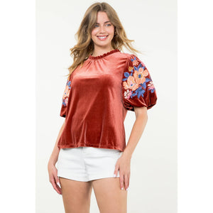 Velvet Embroidered Detail Puff Sleeve Top