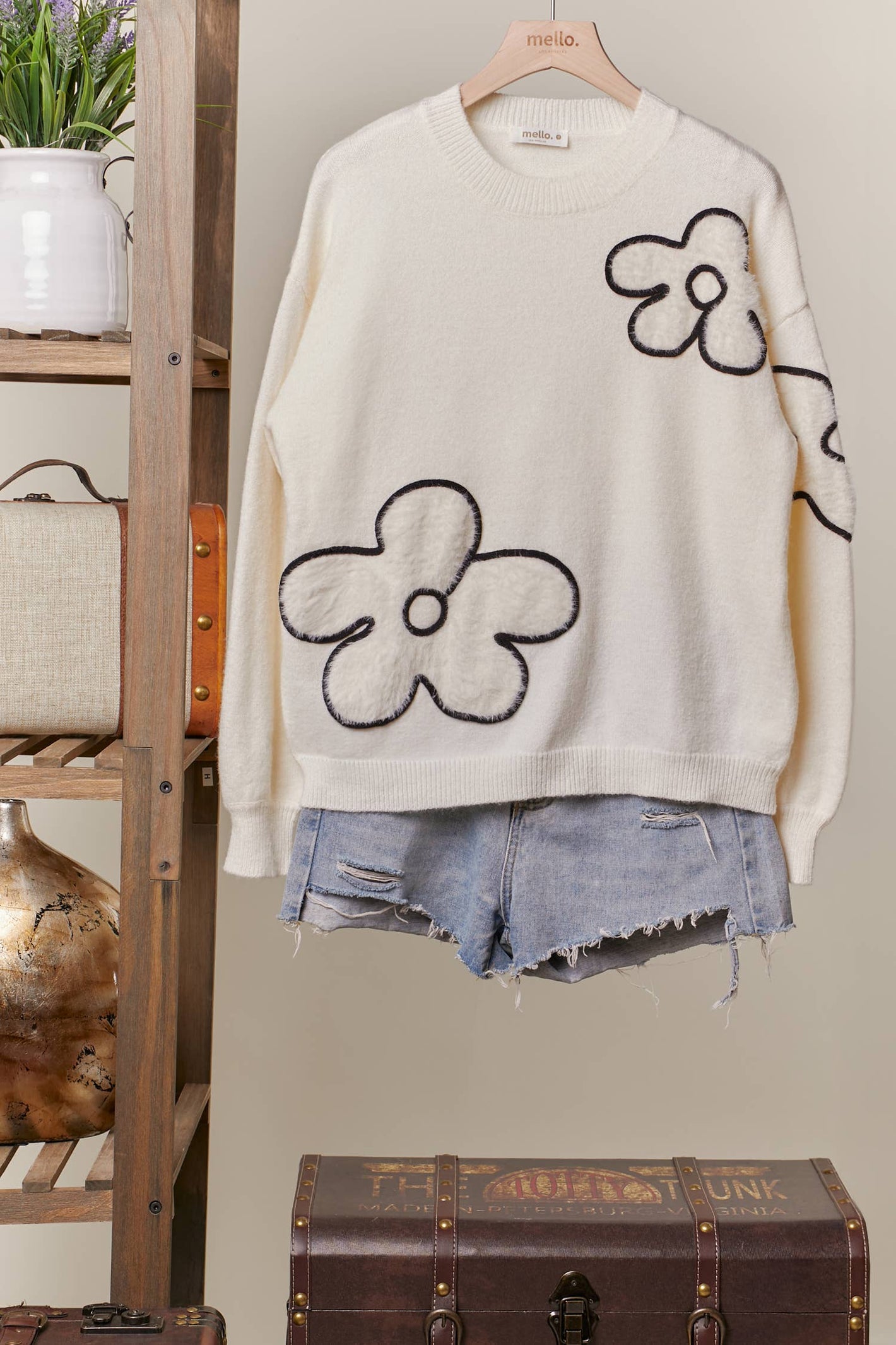 Flower Stitched Loose Fit Sweater