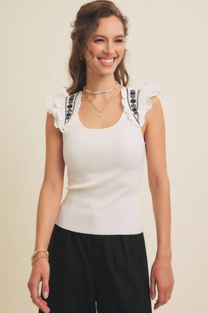 SALE Embroidered Flutter Sleeve Top