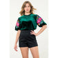 Velvet Embroidered Detail Puff Sleeve Top