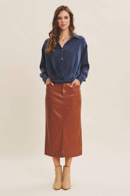 BUTTON-DOWN KNOTTED SATIN SHIRT WITH LAPEL COLLAR