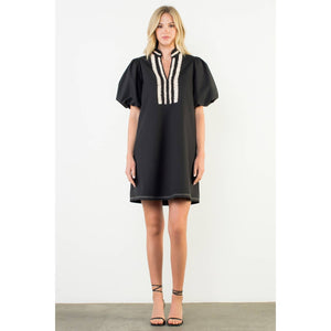 Puff Sleeve Embroidered Textured Dress