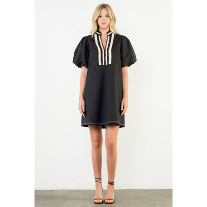Puff Sleeve Embroidered Textured Dress