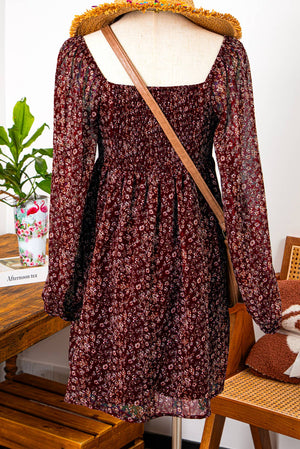 SALE Fall Floral Sweetheart Neck Shirred Back Mini Dress