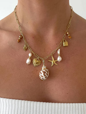 SALE Ophélie 18K Gold Non-Tarnish Shell and Pearl Charm Necklace