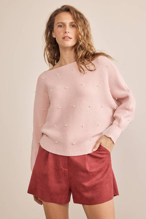 Pearl Embellished Pink Boatneck Sweater