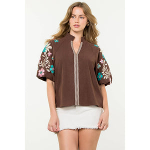 Embroidered Puff Sleeve Corduroy Top