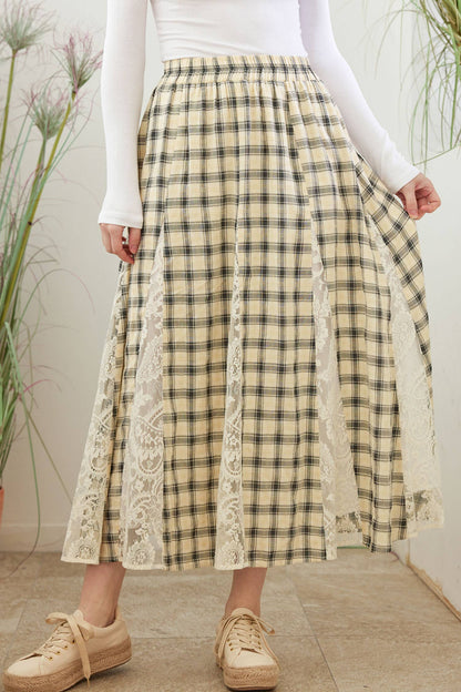 Plaid Maxi Skirt with Lace Trim