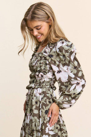 Floral Print Smocked Pleated Long Sleeve Crop Top