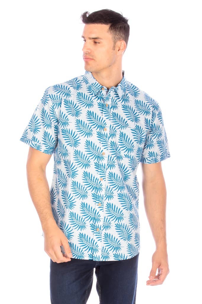 Men's Printed Woven Teal Leaf Short Sleeve Cotton Shirt