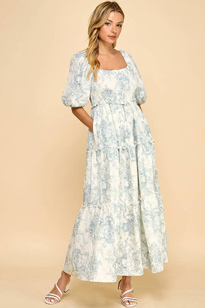 Hattie Puff Blue Vintage Print Tiered Maxi Dress