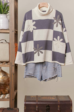 Checkerboard Flower Knit Turtleneck Sweater