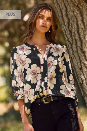PLUS Floral Printed 3/4 Sleeve Blouse