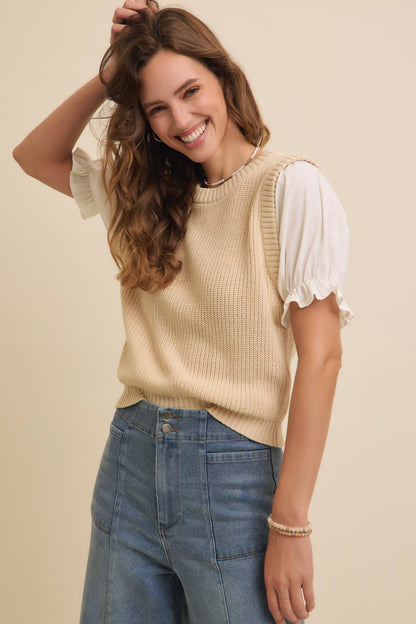 Woven Puff Sleeve Sweater Vest Top