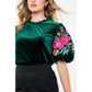 Velvet Embroidered Detail Puff Sleeve Top