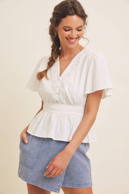 BUTTON-DOWN COTTON EYELET BLOUSE WITH SMOCKED BACK