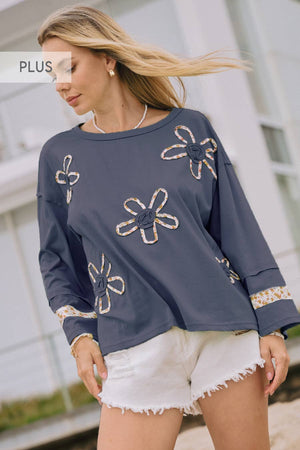 PLUS Patch Work Flower Patch Long Sleeve Knit Top