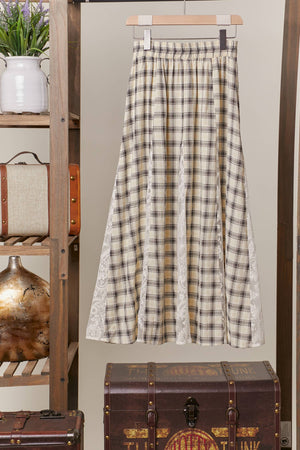 Plaid Maxi Skirt with Lace Trim