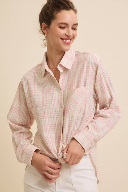 Oversized Textured Plaid in Pink Button Down