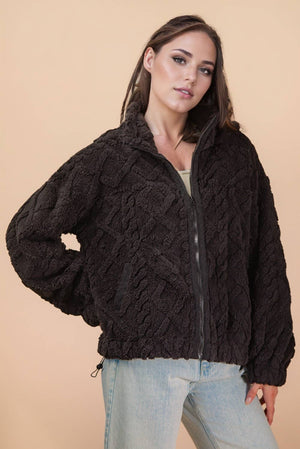 Fuzzy Fleece Cozy Cable Pattern Zip Up Jacket