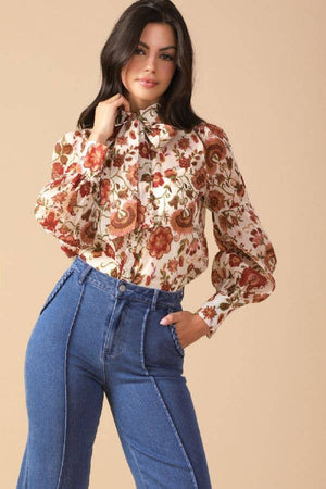 SALE Neck Tie Floral Blouse