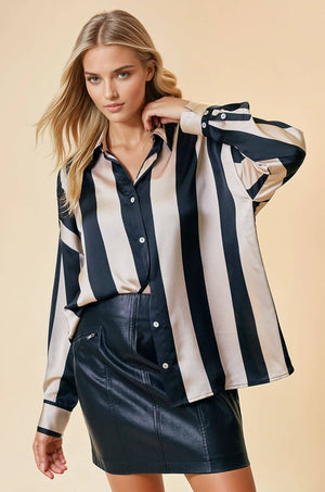 Oversized Striped Satin Button Down Blouse