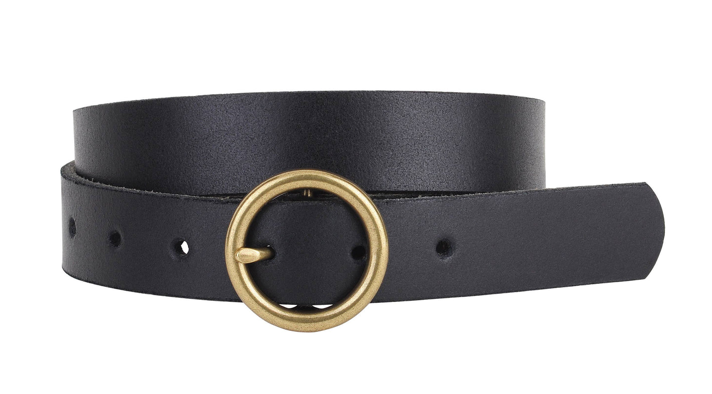 Brass-Toned Circle Buckle Leather Belt