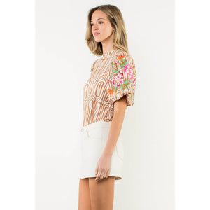 Flower Embroidered Puff Sleeve Print Top
